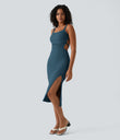 Ruched Lace Up Bodycon Midi Casual Dress - Majolica Blue