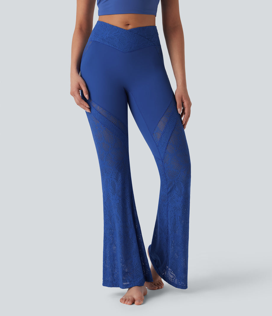 SoftlyZero™ High Waisted Crossover Pocket Contrast Lace Flare Yoga Leggings - Beaucoup Blue
