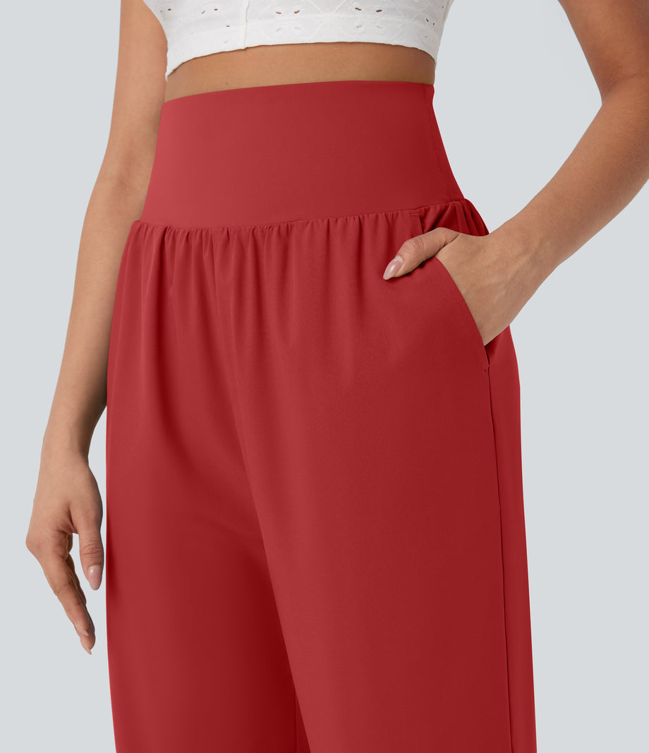 Breezeful™ High Waisted Tummy Control Hem Quick Dry Capri Pants with Pockets - Pompeian Red