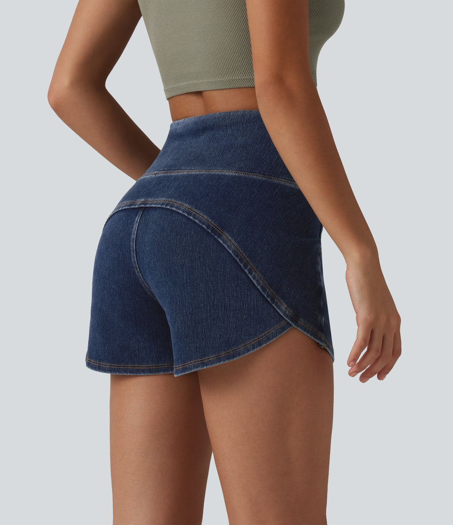 Halara Flex™ High Waisted Tummy Control Curved Hem Skinny Denim Casual Shorts with Pockets - Estate Blue Denim