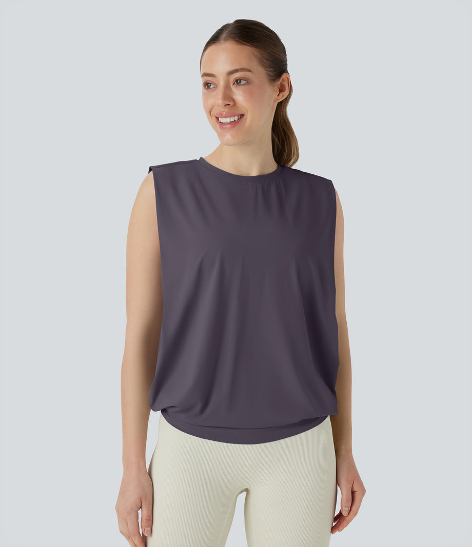 Round Neck Ruched Cool Touch Yoga Tank Top-UPF50+ - Vintage Violet