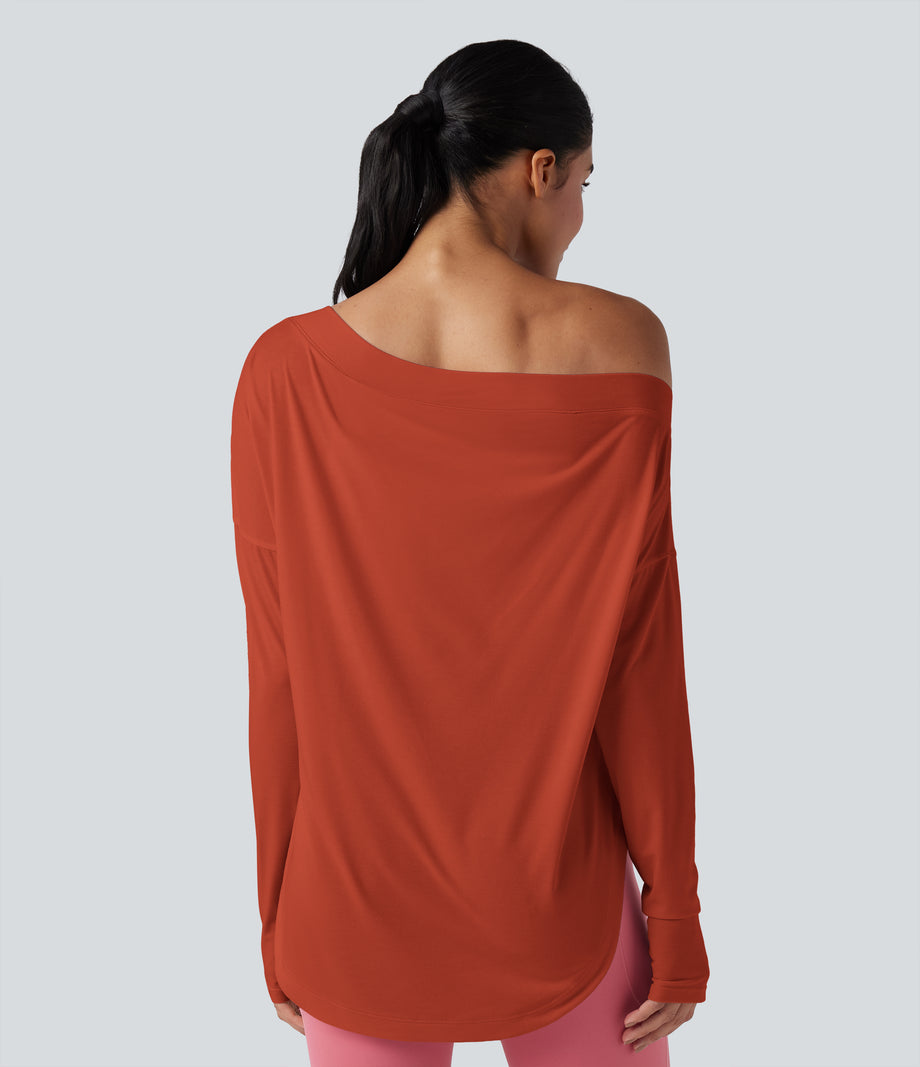 One Shoulder Long Sleeve Thumb Hole Curved Hem High Low Quick Dry Yoga Sports Top-Built-in Bra - Rooibos Tea