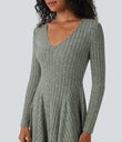 Ribbed Knit V Neck Long Sleeve Flare Mini Casual Dress with Pockets - Wrought Iron