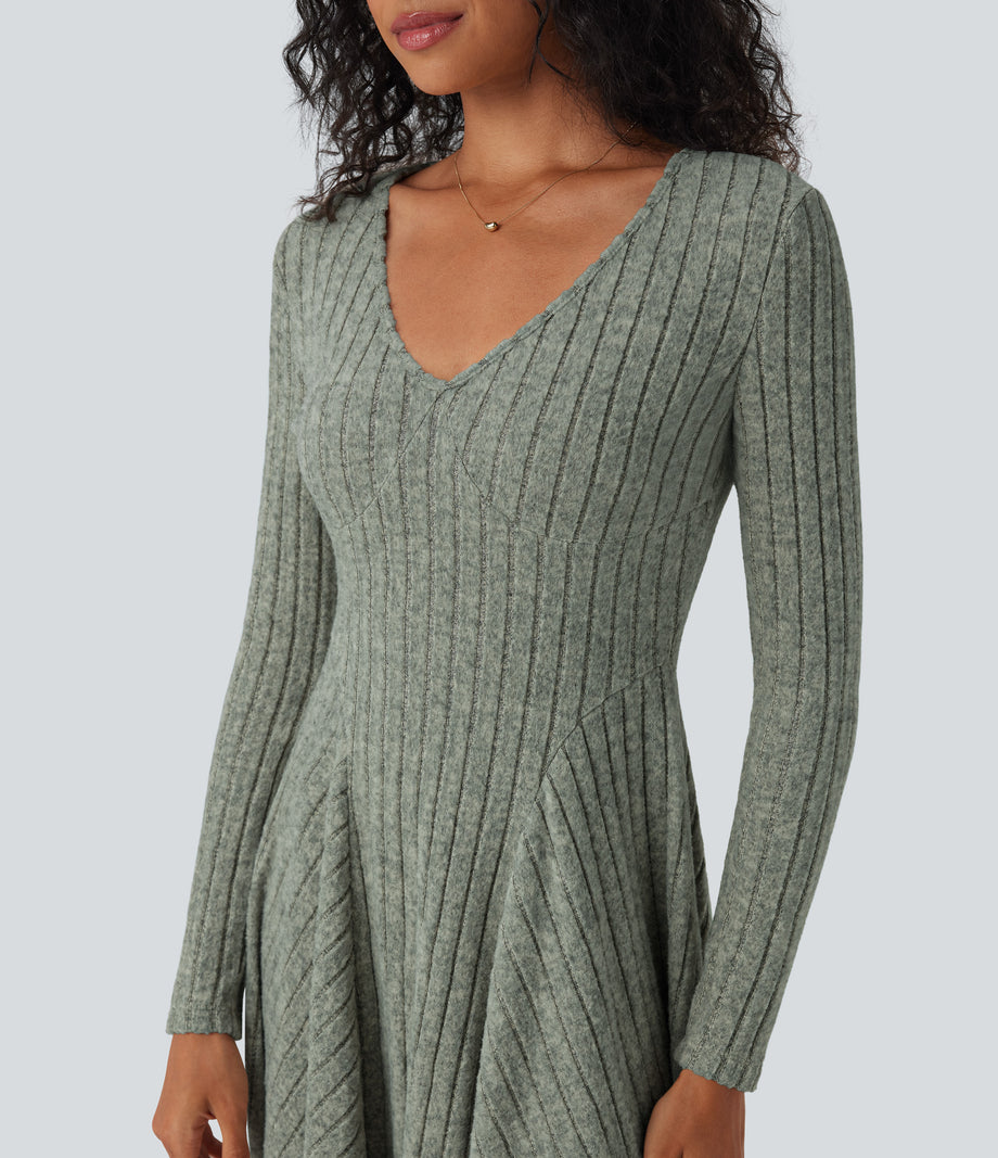 Ribbed Knit V Neck Long Sleeve Flare Mini Casual Dress with Pockets - Wrought Iron