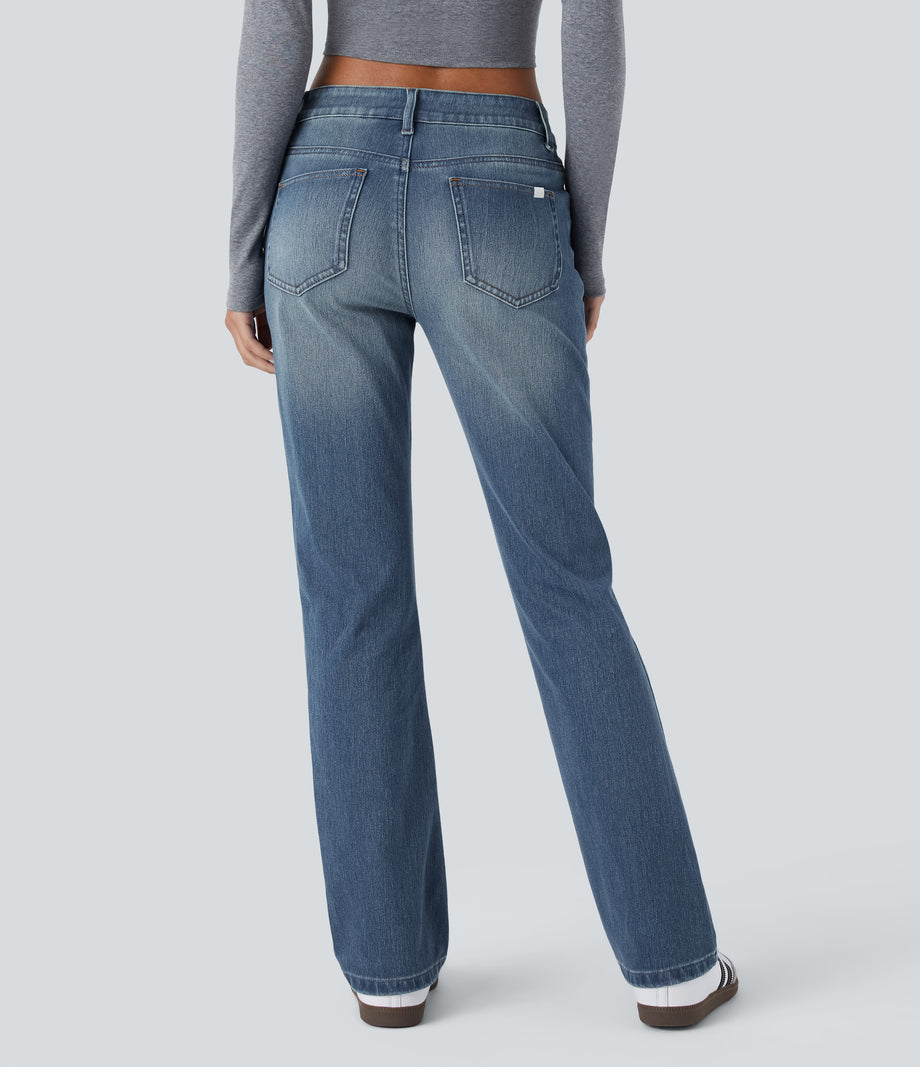 Halara Flex™ Low Rise Zipper Pockets Washed Casual Bootcut Jeans - Light Azure Blue Denim