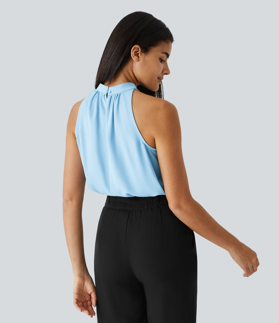 Keyhole Back Halter Sleeveless Curved Hem Work Blouse - Rippling Blue