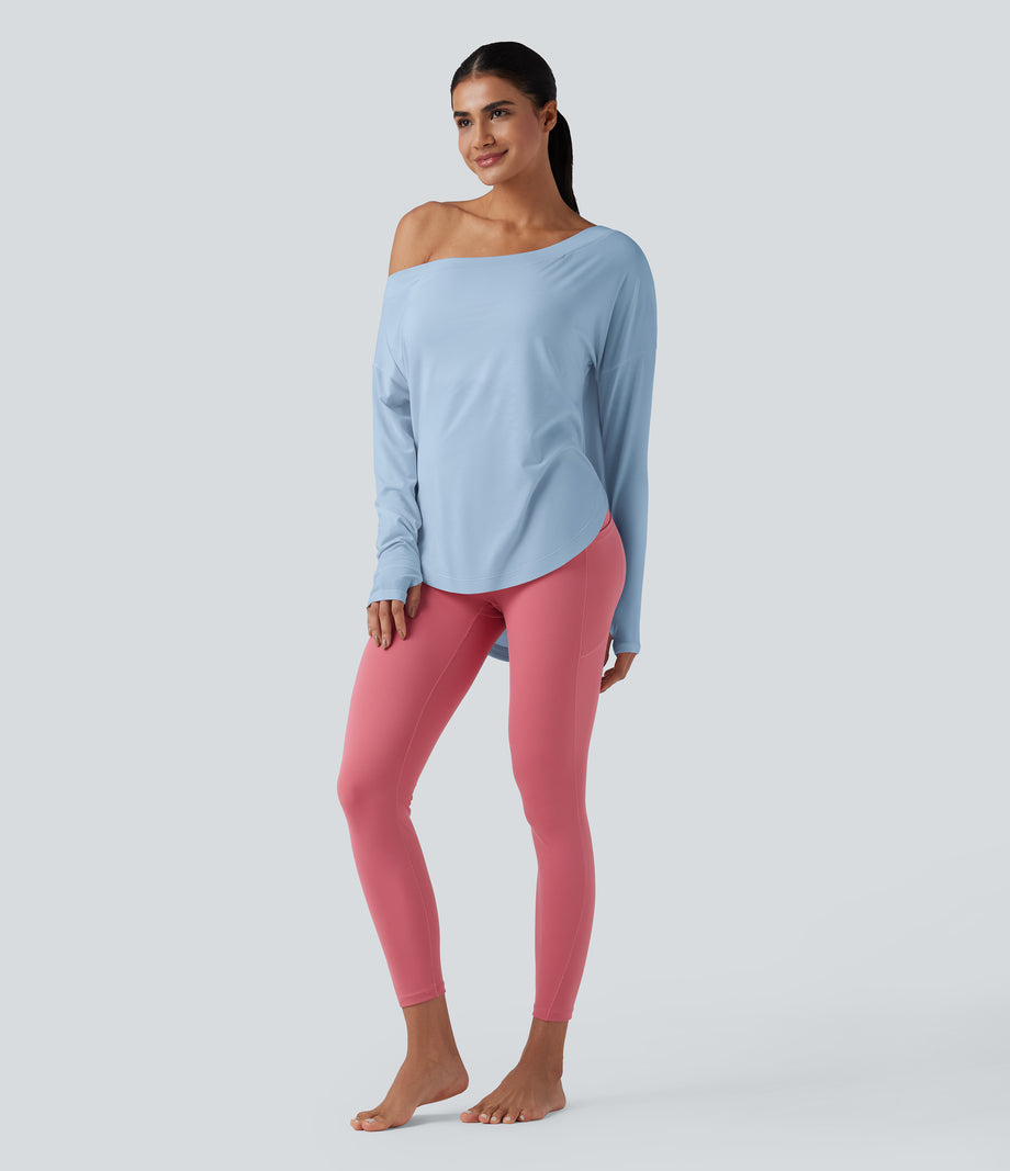 One Shoulder Long Sleeve Thumb Hole Curved Hem High Low Quick Dry Yoga Sports Top-Built-in Bra - Angel Falls