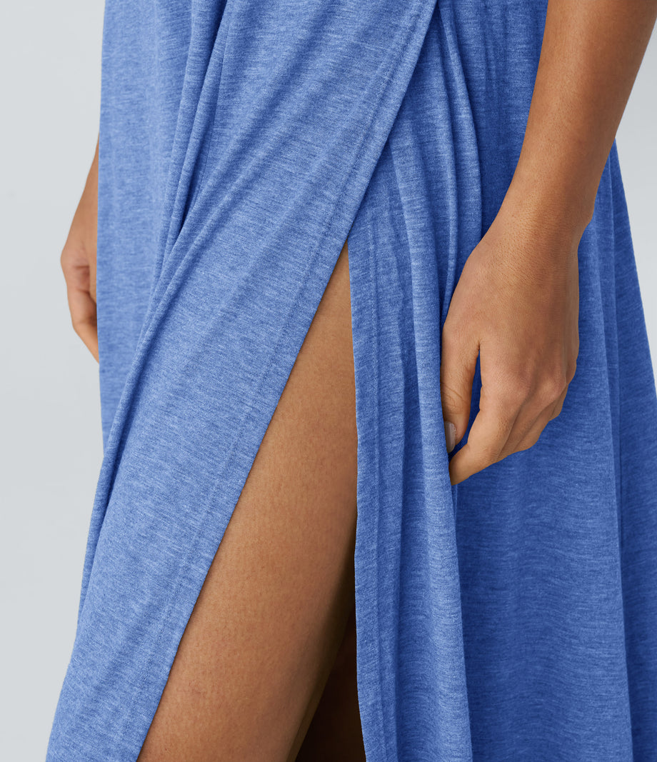 U Neck Flowy Maxi Casual Tank Dress - Sky Blue Floral Yarn