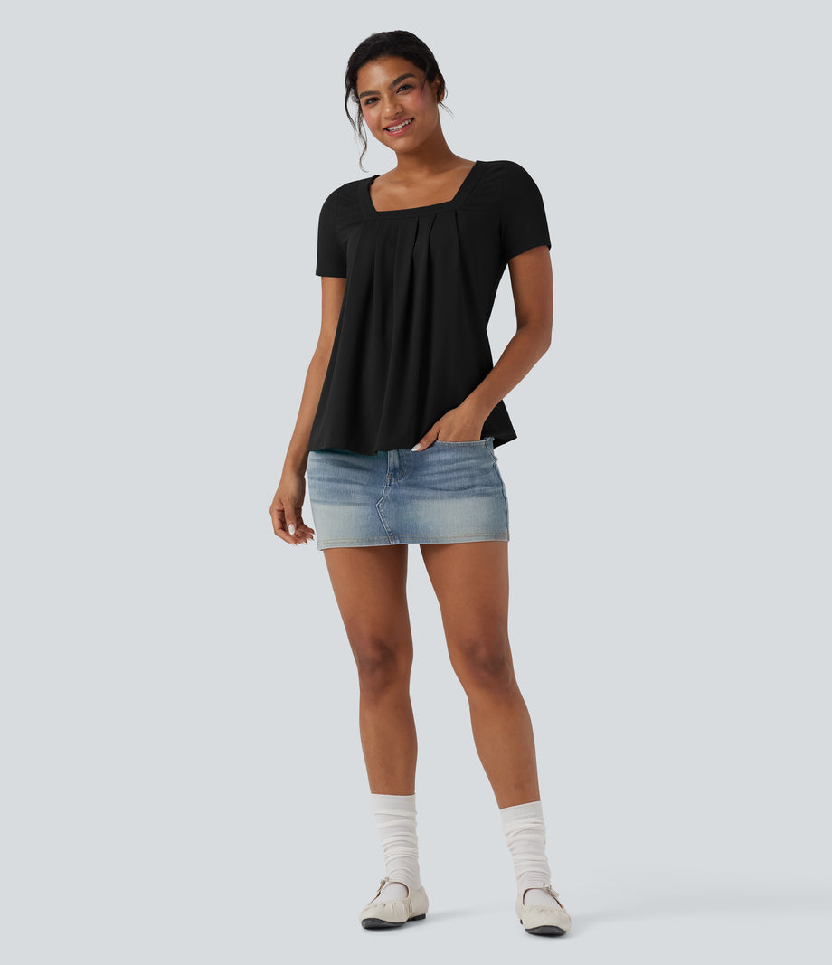 Square Neck Short Sleeve Casual Top - Black