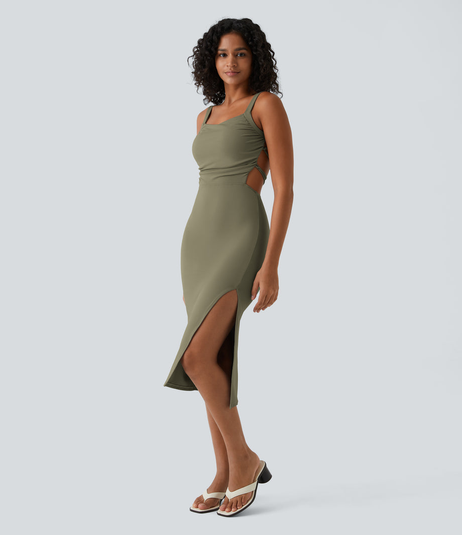 Ruched Lace Up Bodycon Midi Casual Dress - Withered Green