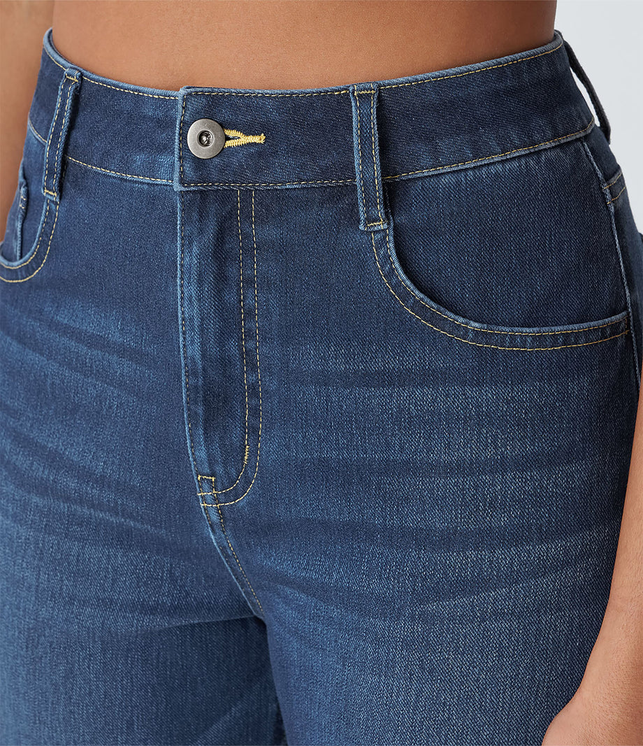 Halara Flex™ High Waisted Pockets Rolled Hem Wide Leg Washed Casual Jeans - Paint Blue Denim