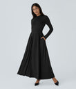 Mock-neck Long Sleeve Pocket Flare Maxi Casual Dress - Black