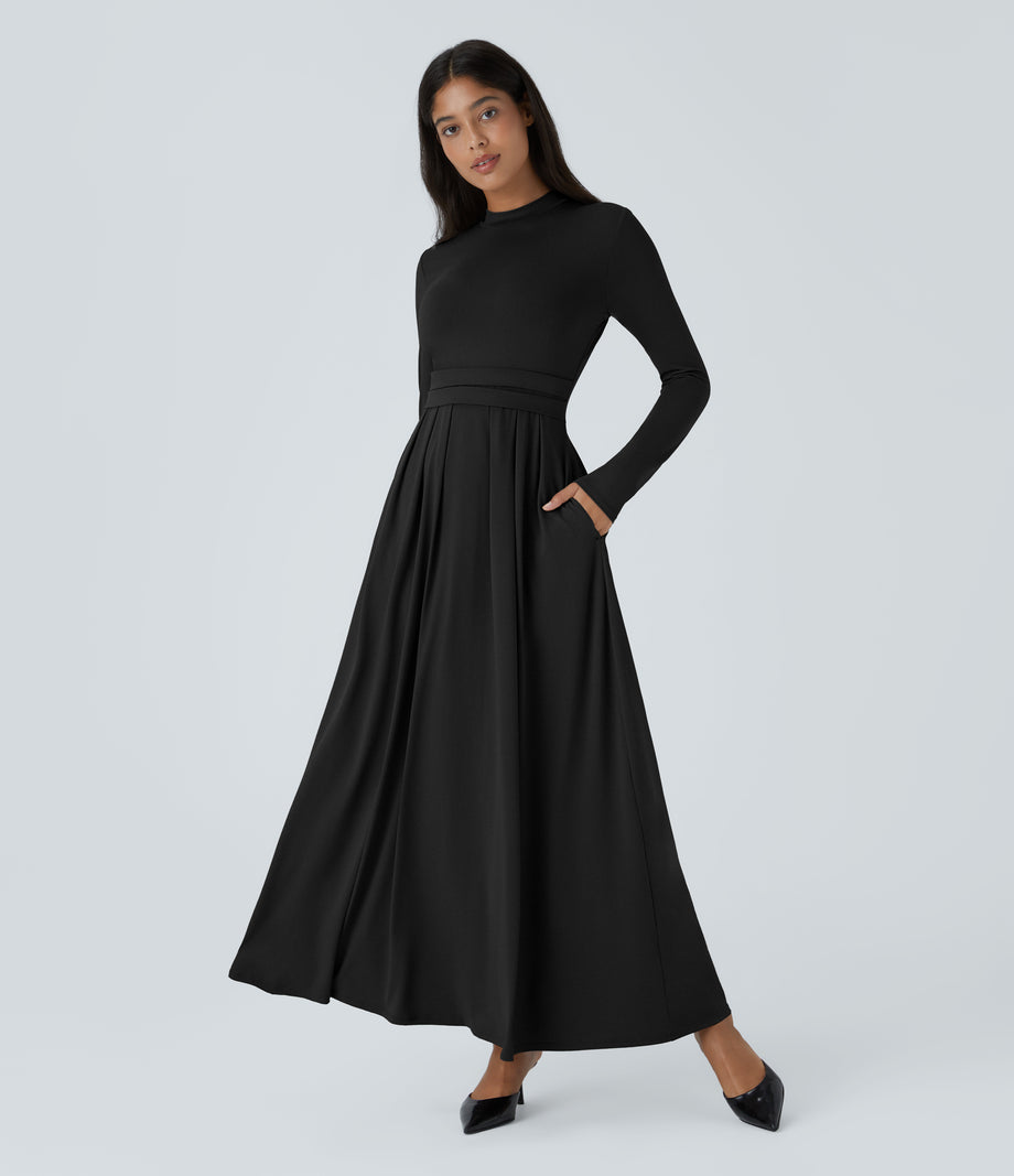 Mock-neck Long Sleeve Pocket Flare Maxi Casual Dress - Black