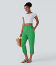 High Waisted Zipper Pocket Cropped Linen-Feel Pants - Kelly Green