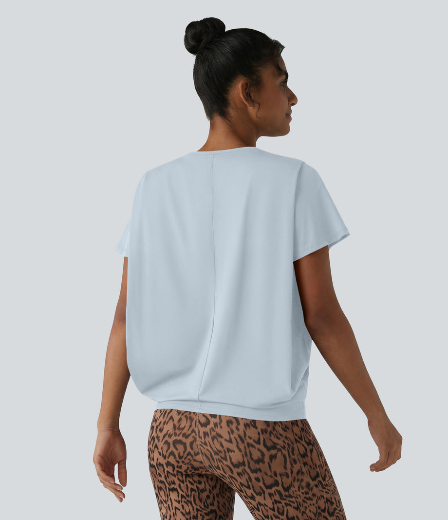 Round Neck Short Sleeve Ruched Cool Touch Yoga Sports Top-UPF50+ - Illusion Blue
