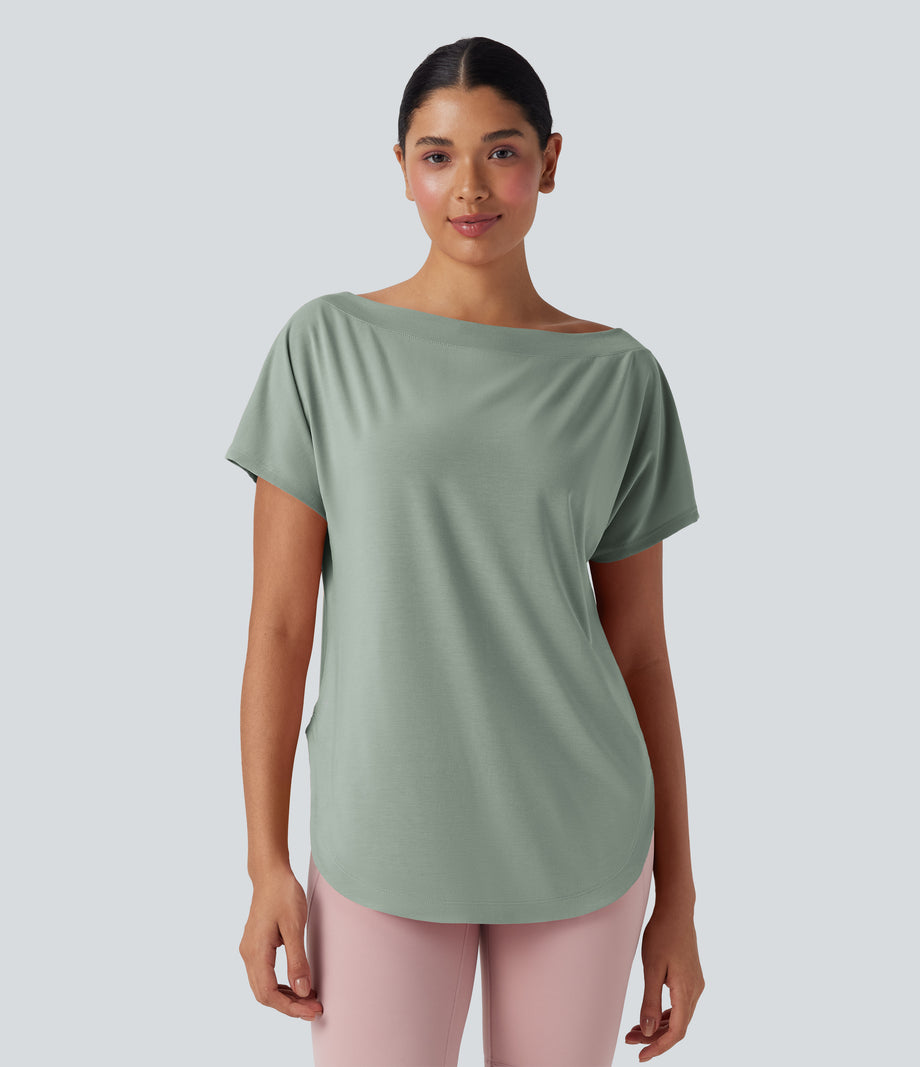 One Shoulder Short Sleeve Curved Hem High Low Quick Dry Yoga Sports Top - Iceberg Green