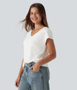 V Neck Short Sleeve Casual T-Shirt - White