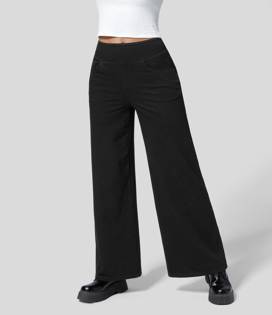 Halara Flex™ High Waisted Pockets Wide Leg Loose Work Jeans - Black Denim