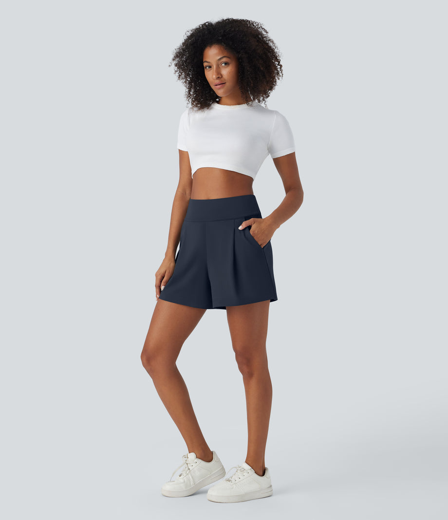 DayStretch High Waisted Work Baggy Shorts 4'' with Pockets - Midnight Blue