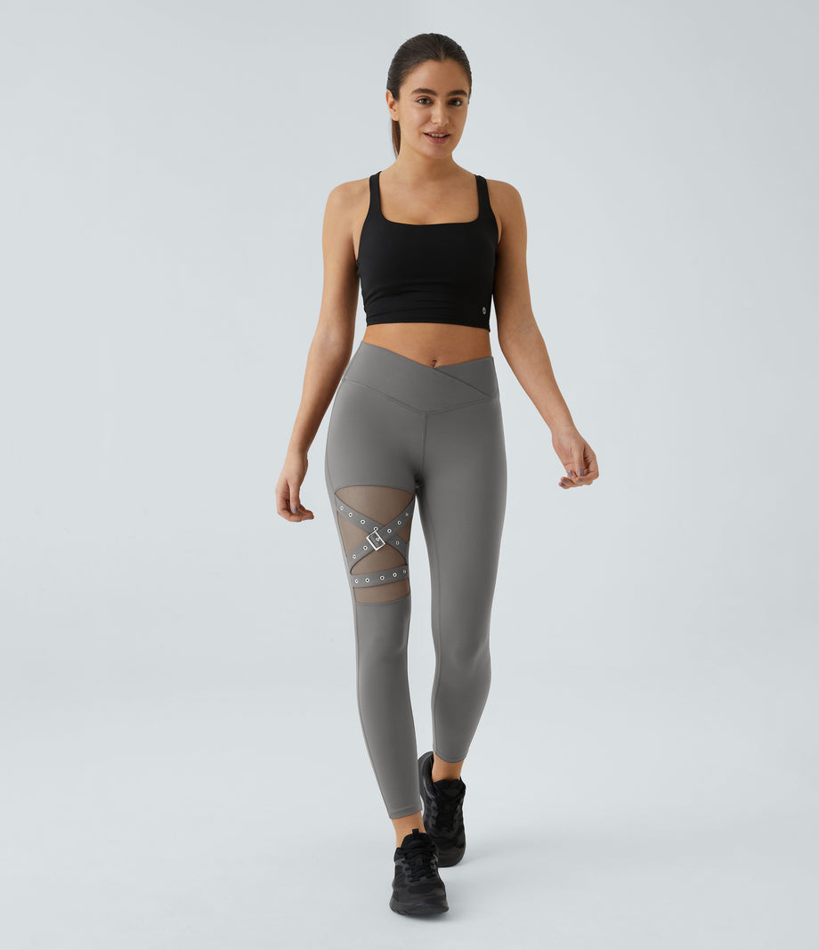 DayStretch High Waisted Crossover Contrast Mesh Decorative Buckle Yoga Leggings - Silent Storm