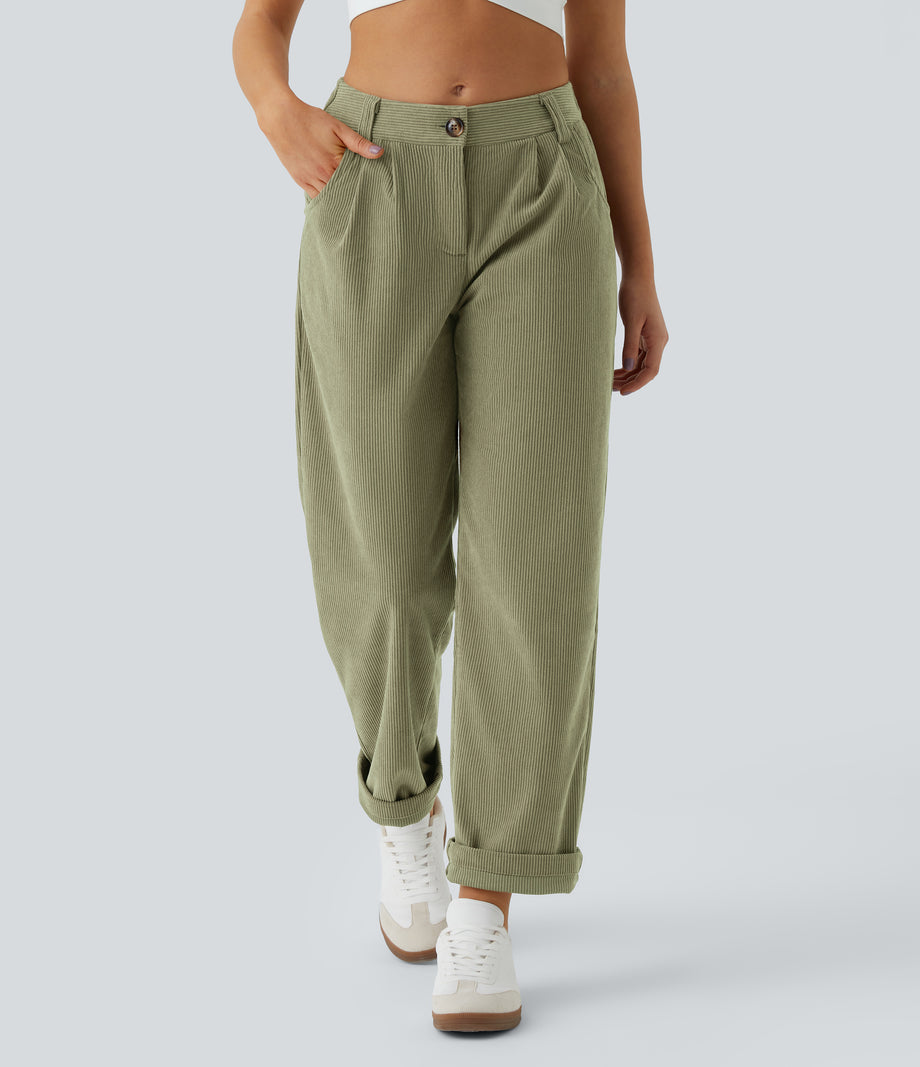Mid Rise Zipper Pocket Corduroy Casual Pants - Boa
