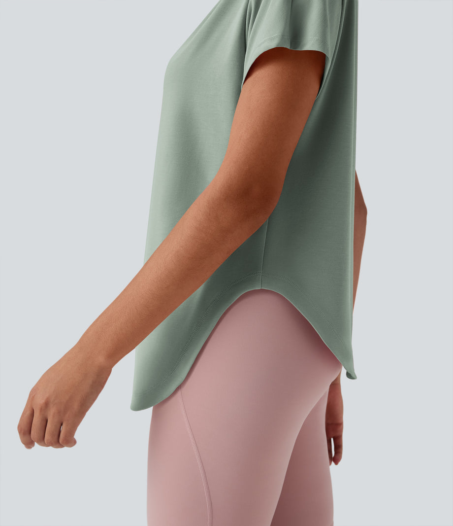 One Shoulder Short Sleeve Curved Hem High Low Quick Dry Yoga Sports Top - Iceberg Green