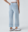 Halara Flex™ High Waisted Pockets Rolled Hem Wide Leg Washed Casual Jeans - Light Azure Denim