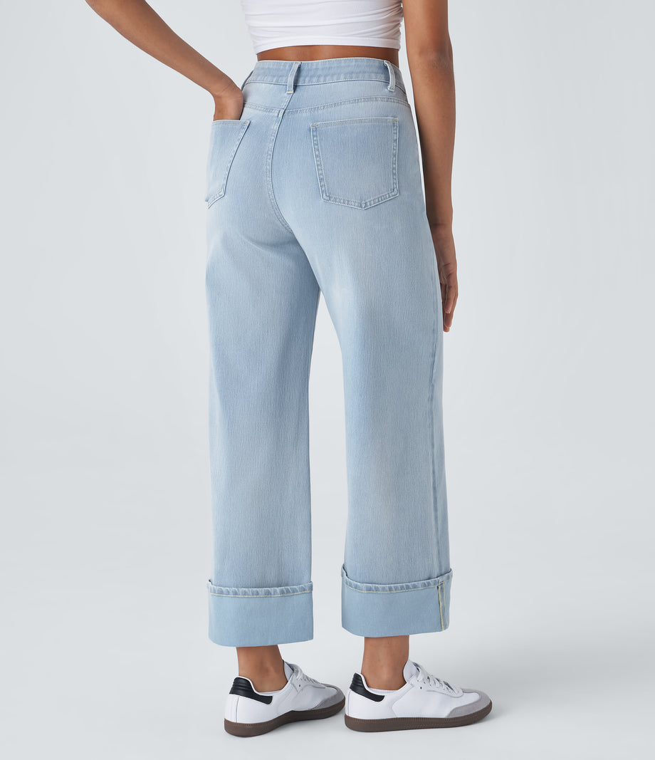 Halara Flex™ High Waisted Pockets Rolled Hem Wide Leg Washed Casual Jeans - Light Azure Denim
