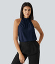Keyhole Back Halter Sleeveless Curved Hem Work Blouse - Denim Blue