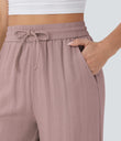 High Waisted Drawstring Pocket Wide Leg Baggy Casual Linen-Feel Pants - Deauville Mauve