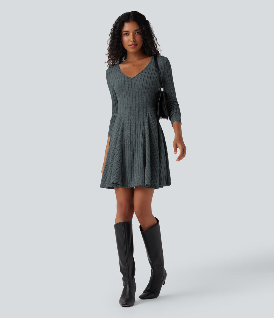 Ribbed Knit V Neck Long Sleeve Flare Mini Casual Dress with Pockets - Mottled Grey Blue