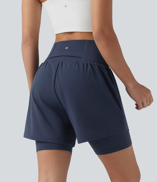 SoftlyZero™ Airy Super High Waisted 2-in-1 Cool Touch Yoga Shorts 7'' with Pockets - Mood Indigo