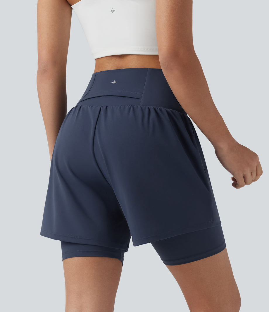 SoftlyZero™ Airy Super High Waisted 2-in-1 Cool Touch Yoga Shorts 7'' with Pockets - Mood Indigo