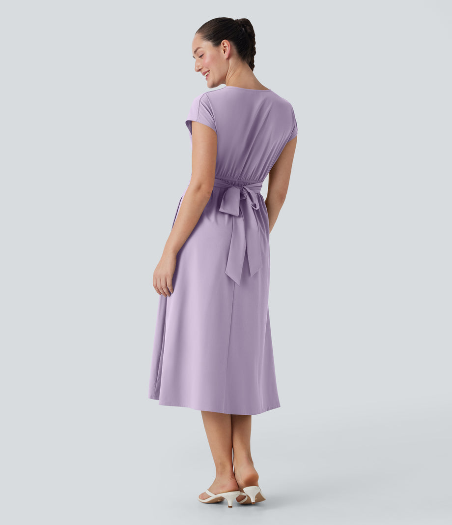 Breezeful™ V Neck Short Sleeve Pocket Tie Back Quick Dry Midi Casual Dress - Leisurely Lavender