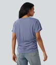 V-neck Short Sleeve Ruched Relaxed Casual Top - Light Blue Floral Yarn