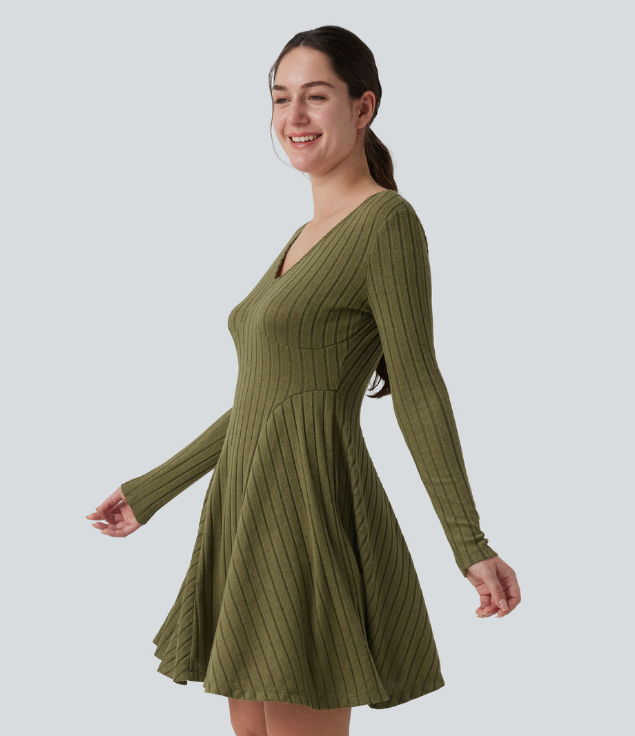 Ribbed Knit V Neck Long Sleeve Flare Mini Casual Dress with Pockets - Moss Green Floral Velvet