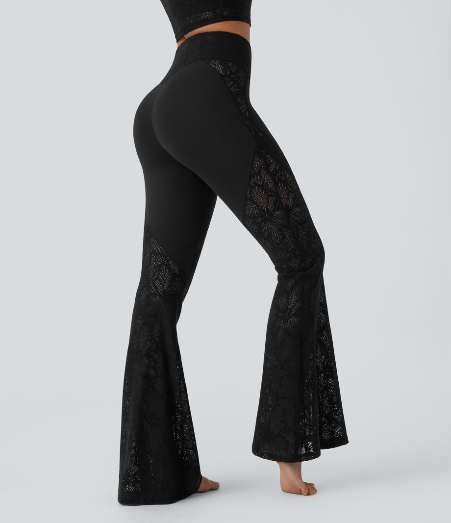 SoftlyZero™ High Waisted Crossover Pocket Contrast Lace Flare Yoga Leggings - Black