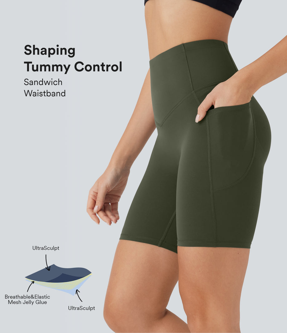 Halara UltraSculpt™ High Waisted Butt Lifting Tummy Control Pocket Shaping Training Biker Shorts 7'' - Deep Woodland Green