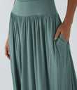 Ribbed Boat Neck Asymmetric Strap Ruched Pocket Flowy Maxi Casual Dress - Clear Green