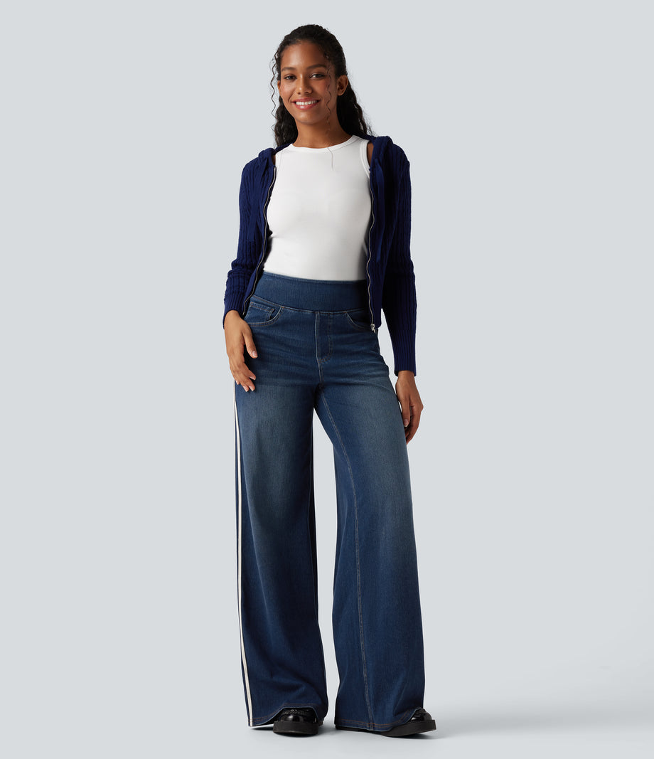 Halara Flex™ High Waisted Stripe Wide Leg Flowy Washed Casual Jeans with Pockets - Blue Surf Denim