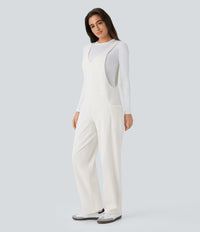 Halara Flex™ V Neck Pocket Washed Denim Casual Overalls - White Wood Denim