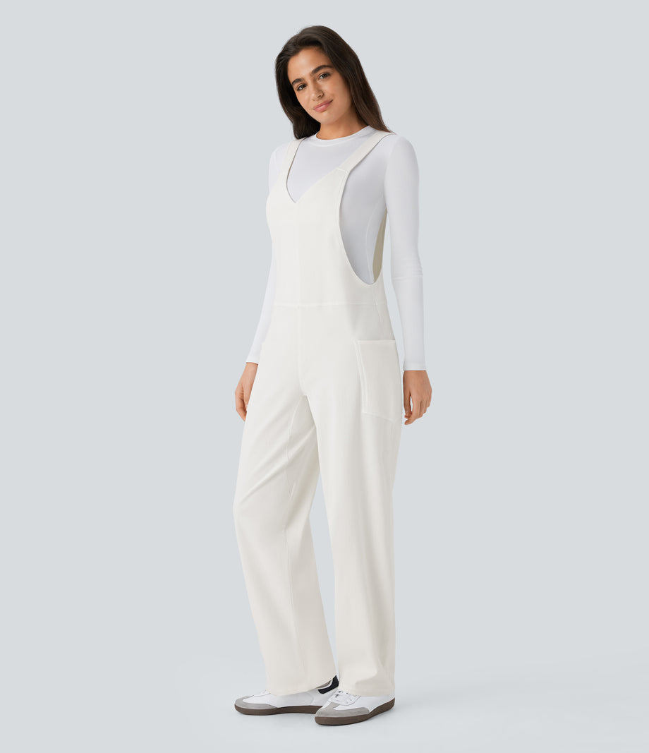 Halara Flex™ V Neck Pocket Washed Denim Casual Overalls - White Wood Denim