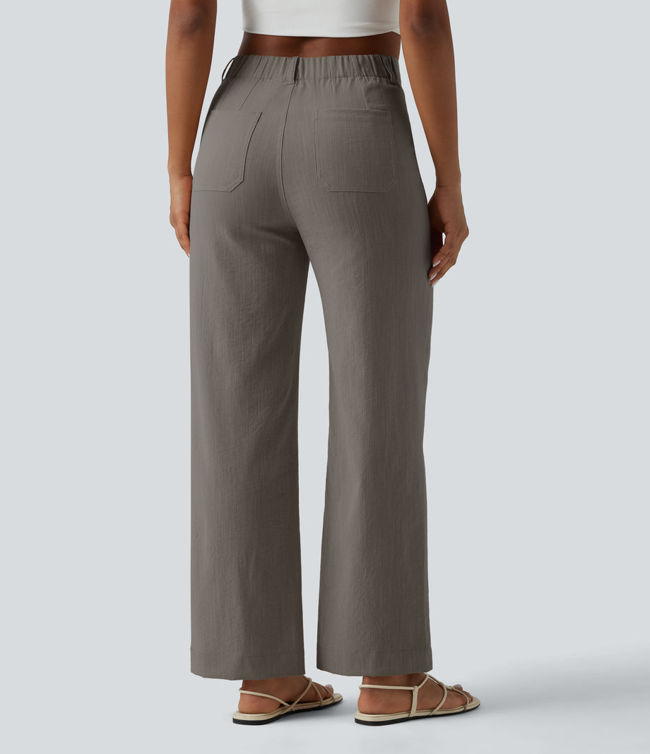 High Waisted Straight Leg Casual Linen-Feel Pants with Pockets - River Stone