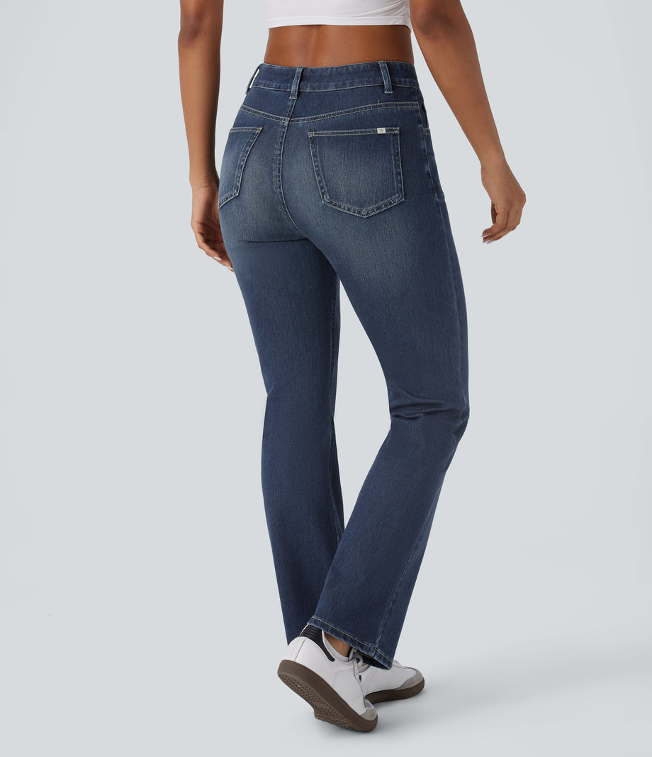 Halara Flex™ High Waisted Pockets Washed Casual Bootcut Jeans - Distressed Denim Dark Blue