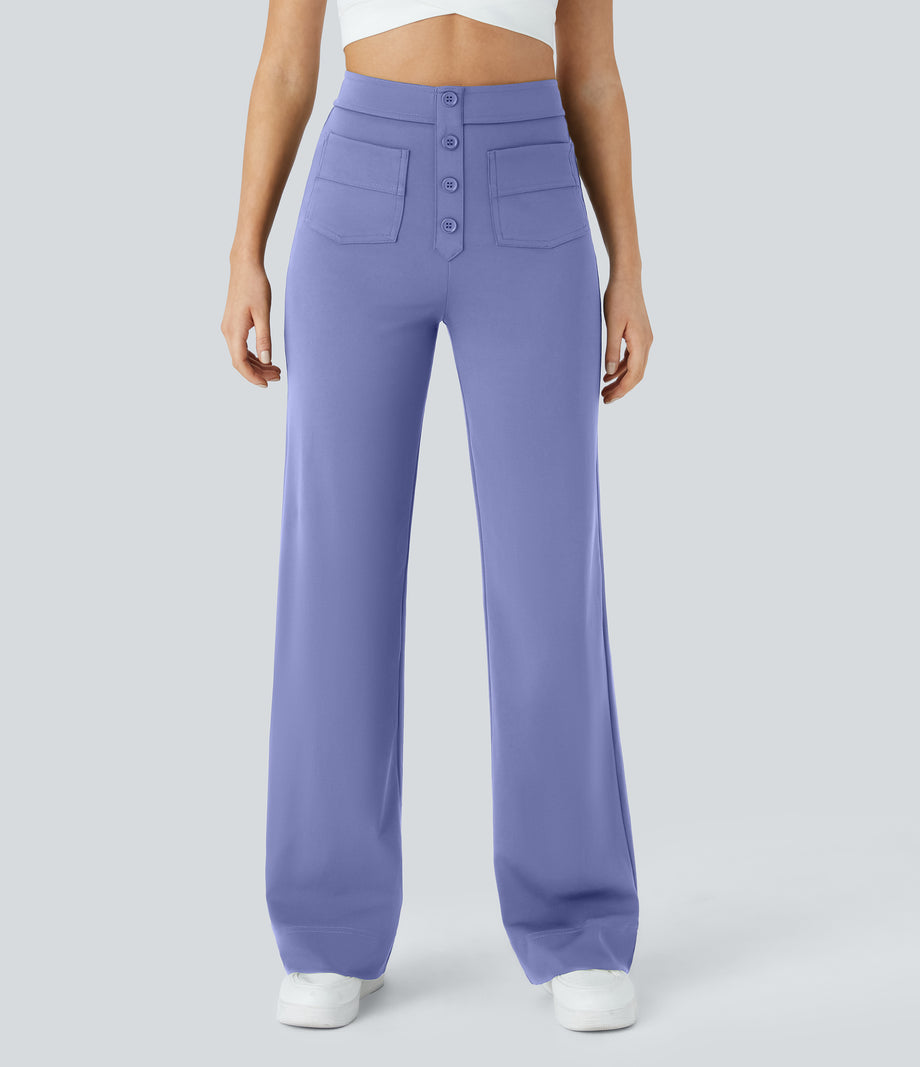 DayStretch High Waisted Pockets Straight Leg Casual Pants - Jacaranda