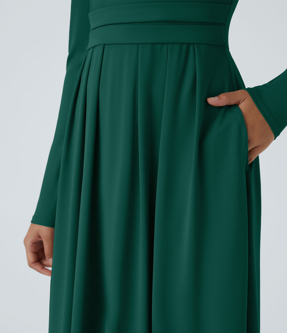 Mock-neck Long Sleeve Pocket Flare Maxi Casual Dress - Rain Forest