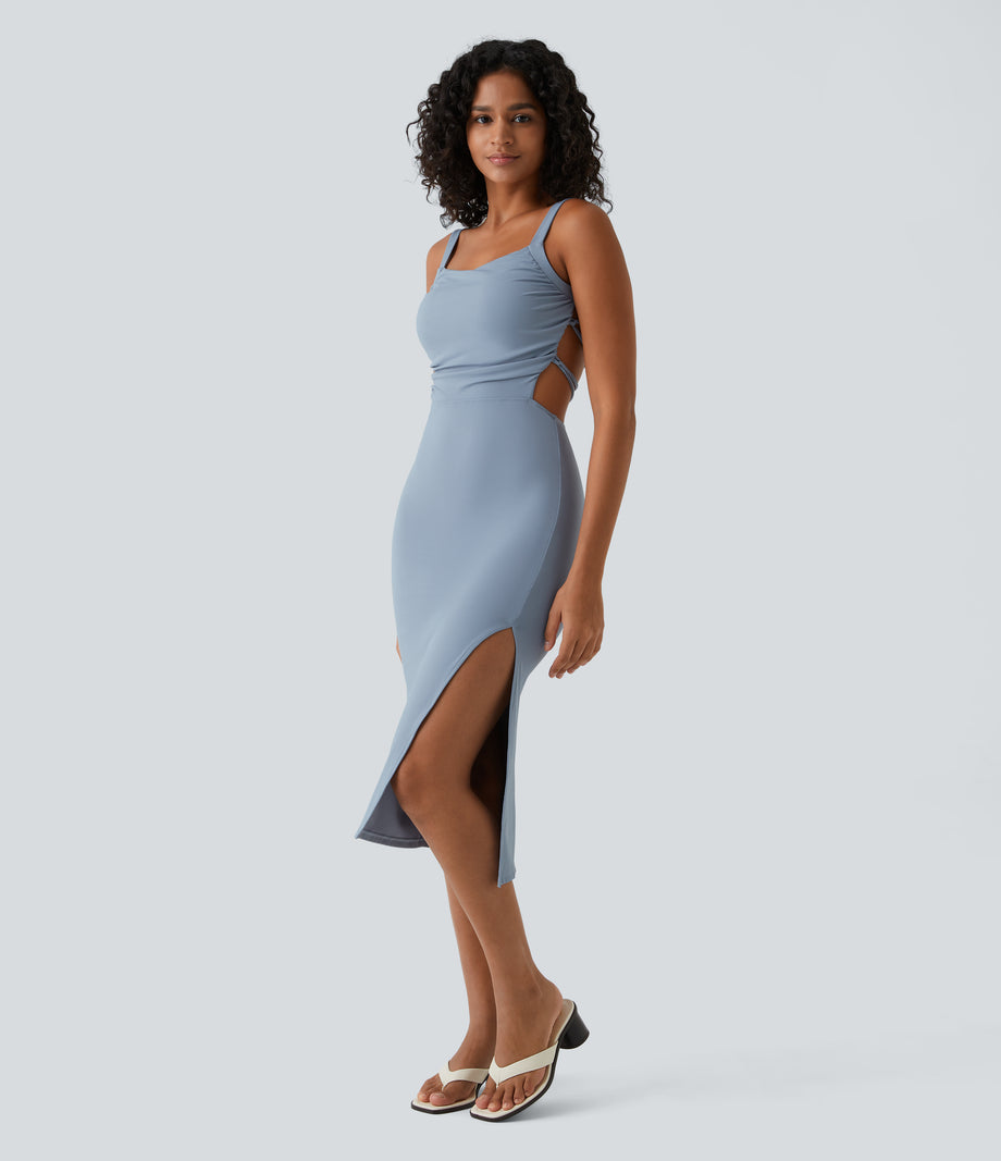 Ruched Lace Up Bodycon Midi Casual Dress - Snowflake Blue