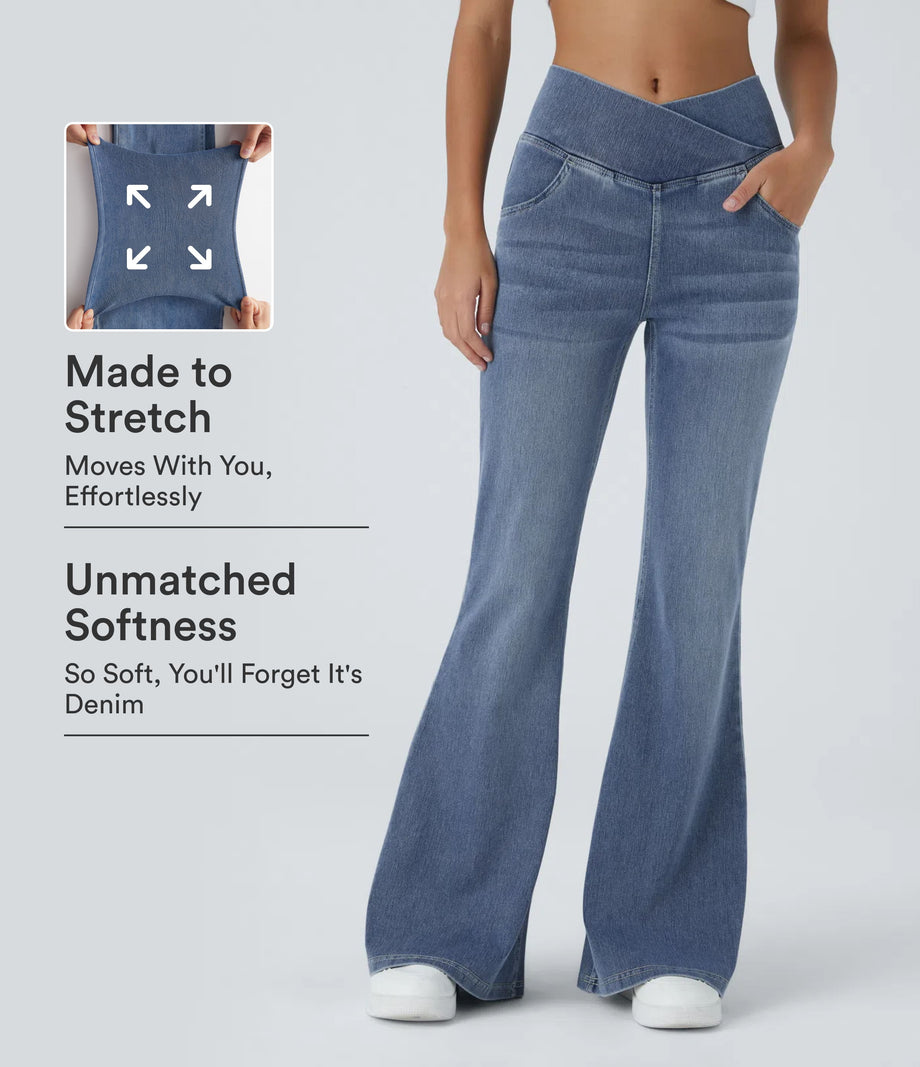 Halara Flex™ High Waisted Crossover Pocket Washed Casual Flare Jeans - Blue Gray Denim