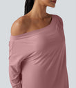 One Shoulder Long Sleeve Thumb Hole Curved Hem High Low Quick Dry Yoga Sports Top-Built-in Bra - Soft Berry