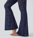 SoftlyZero™ High Waisted Crossover Pocket Contrast Lace Flare Yoga Leggings - Peacoat